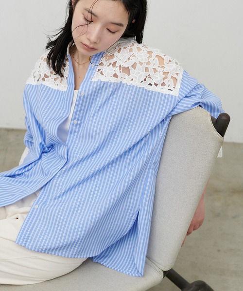 LARUTA(ラルータ)の「【LARUTA】刺繍レース切替シャツ(シャツ/ブラウス・レディース・オフホワイト/ストライプ/ネイビー/ダークブラウン・FREE)」の16枚目の写真