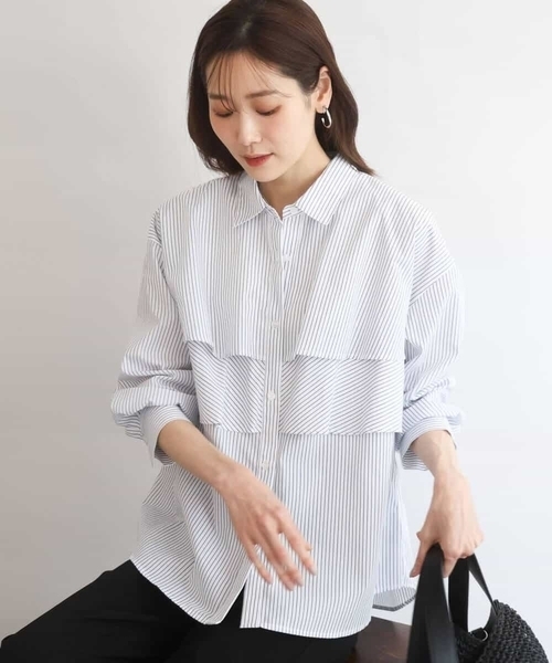 MK MICHEL KLEIN（エムケーミッシェルクラン）の「[洗える]ティアードフリルストライプ柄シャツブラウス（シャツ/ブラウス・レディース・ダークインディゴブルー/クリーム/アイボリー・38）」の20枚目の写真