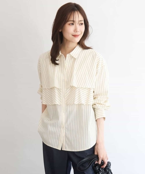 MK MICHEL KLEIN（エムケーミッシェルクラン）の「[洗える]ティアードフリルストライプ柄シャツブラウス（シャツ/ブラウス・レディース・ダークインディゴブルー/クリーム/アイボリー・38）」の19枚目の写真