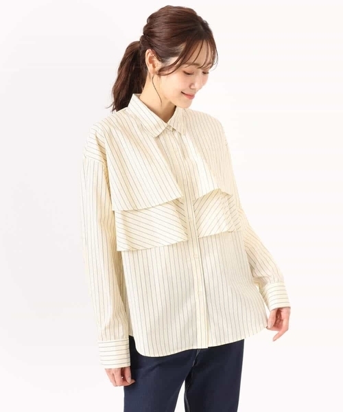 MK MICHEL KLEIN（エムケーミッシェルクラン）の「[洗える]ティアードフリルストライプ柄シャツブラウス（シャツ/ブラウス・レディース・ダークインディゴブルー/クリーム/アイボリー・38）」の15枚目の写真