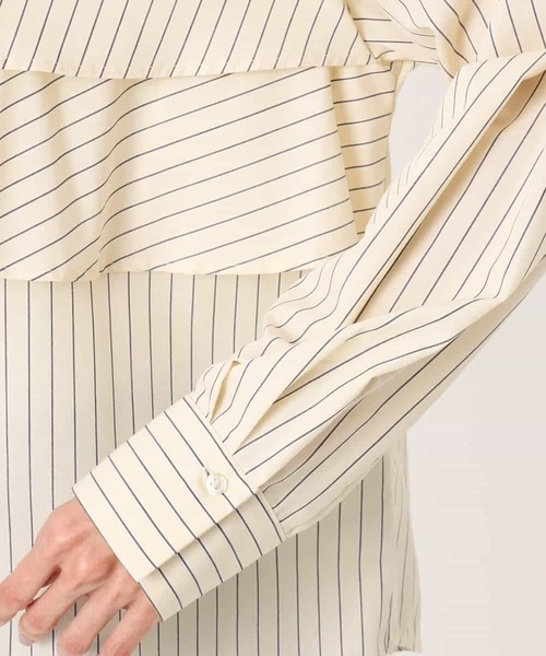 MK MICHEL KLEIN（エムケーミッシェルクラン）の「[洗える]ティアードフリルストライプ柄シャツブラウス（シャツ/ブラウス・レディース・ダークインディゴブルー/クリーム/アイボリー・38）」の10枚目の写真