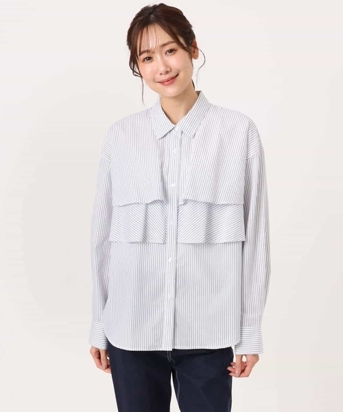 MK MICHEL KLEIN（エムケーミッシェルクラン）の「[洗える]ティアードフリルストライプ柄シャツブラウス（シャツ/ブラウス・レディース・ダークインディゴブルー/クリーム/アイボリー・38）」の7枚目の写真