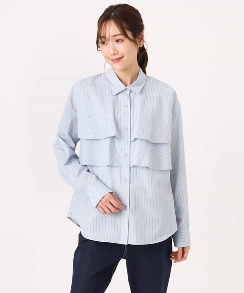 MK MICHEL KLEIN（エムケーミッシェルクラン）の「[洗える]ティアードフリルストライプ柄シャツブラウス（シャツ/ブラウス・レディース・ダークインディゴブルー/クリーム/アイボリー・38）」の5枚目の写真