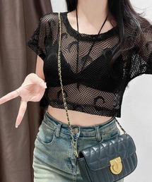 メッシュトップス レディース シアー 半袖 クロップド丈 レイヤード 韓国ファッション