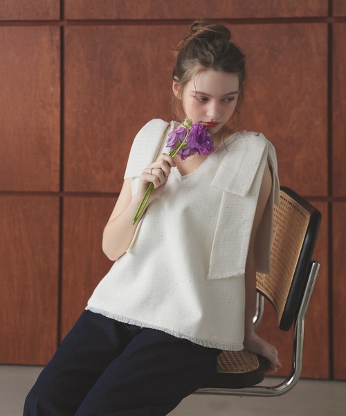 MERAKI(メラキ)の「ツイードリボンジレ(ベスト・レディース・ブラック/ピンク/ホワイト・FREE)」の2枚目の写真