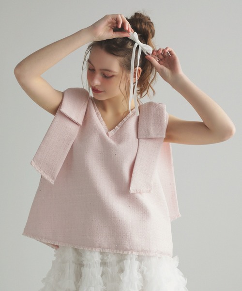 MERAKI(メラキ)の「ツイードリボンジレ(ベスト・レディース・ブラック/ピンク/ホワイト・FREE)」の1枚目の写真