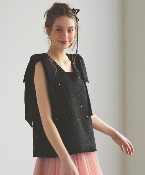 MERAKI(メラキ)の「ツイードリボンジレ(ベスト・レディース・ブラック/ピンク/ホワイト・FREE)」の3枚目の写真