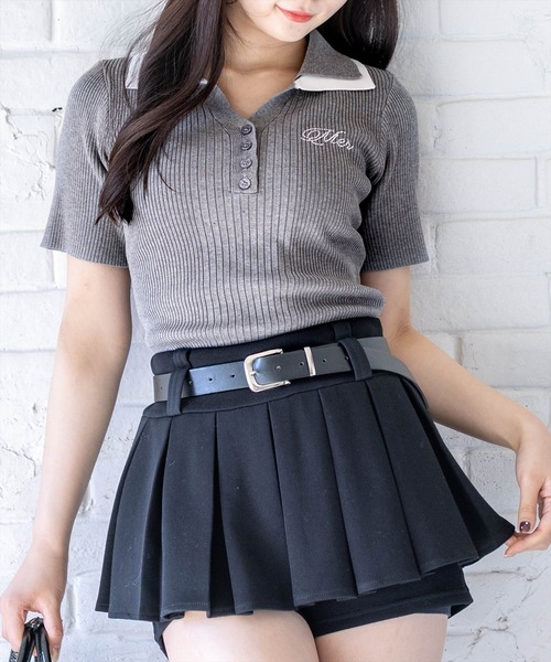 clear（クリア）の「ダブルカラーワンポイントラインストーンニットトップス［骨格ストレート/リブニット/きれいめカジュアル］（ニット/セーター・レディース・ネイビー/ホワイト×ネイビー/杢グレー/レッド・F）」の2枚目の写真