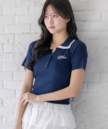 clear | ダブルカラーワンポイントラインストーンニットトップス［骨格ストレート/リブニット/きれいめカジュアル］(ニット/セーター)