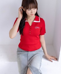 clear | ダブルカラーワンポイントラインストーンニットトップス［骨格ストレート/リブニット/きれいめカジュアル］(ニット/セーター)