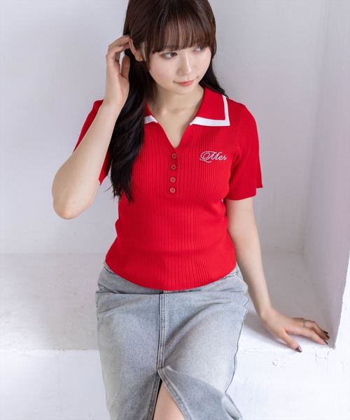 clear（クリア）の「ダブルカラーワンポイントラインストーンニットトップス［骨格ストレート/リブニット/きれいめカジュアル］（ニット/セーター・レディース・ネイビー/ホワイト×ネイビー/杢グレー/レッド・F）」の4枚目の写真