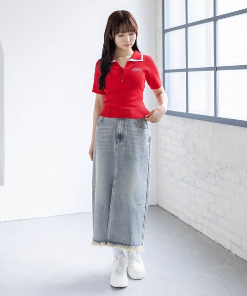 clear（クリア）の「ダブルカラーワンポイントラインストーンニットトップス［骨格ストレート/リブニット/きれいめカジュアル］（ニット/セーター・レディース・ネイビー/ホワイト×ネイビー/杢グレー/レッド・F）」の9枚目の写真