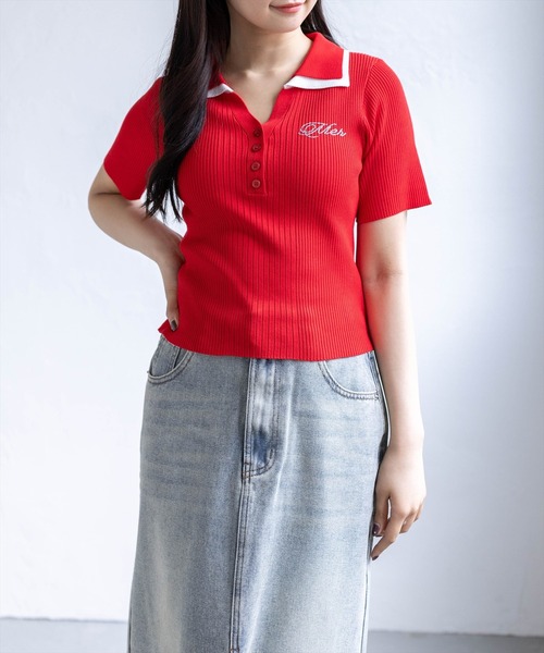 clear（クリア）の「ダブルカラーワンポイントラインストーンニットトップス［骨格ストレート/リブニット/きれいめカジュアル］（ニット/セーター・レディース・ネイビー/ホワイト×ネイビー/杢グレー/レッド・F）」の8枚目の写真