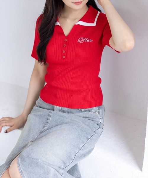 clear（クリア）の「ダブルカラーワンポイントラインストーンニットトップス［骨格ストレート/リブニット/きれいめカジュアル］（ニット/セーター・レディース・ネイビー/ホワイト×ネイビー/杢グレー/レッド・F）」の7枚目の写真