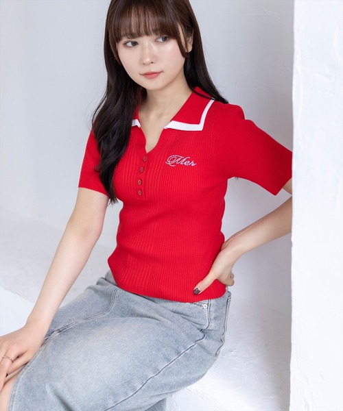 clear（クリア）の「ダブルカラーワンポイントラインストーンニットトップス［骨格ストレート/リブニット/きれいめカジュアル］（ニット/セーター・レディース・ネイビー/ホワイト×ネイビー/杢グレー/レッド・F）」の6枚目の写真