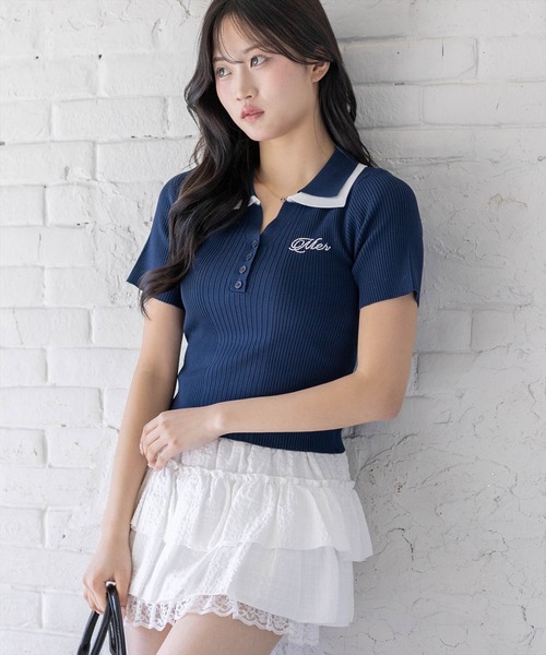 clear（クリア）の「ダブルカラーワンポイントラインストーンニットトップス［骨格ストレート/リブニット/きれいめカジュアル］（ニット/セーター・レディース・ネイビー/ホワイト×ネイビー/杢グレー/レッド・F）」の13枚目の写真