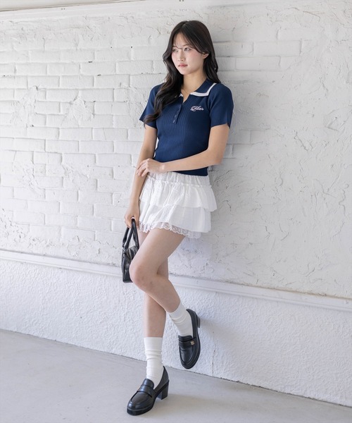 clear（クリア）の「ダブルカラーワンポイントラインストーンニットトップス［骨格ストレート/リブニット/きれいめカジュアル］（ニット/セーター・レディース・ネイビー/ホワイト×ネイビー/杢グレー/レッド・F）」の17枚目の写真