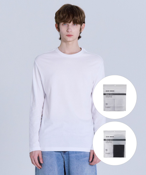 BASIC HOUSE（ベーシックハウス）の「[2PACK] 綿30番手 リラックスフィット 長袖Tシャツ 2パック (2色)（Tシャツ/カットソー・レディース・ホワイト/ブラック・105/85/90/95/100/110/115）」の6枚目の写真