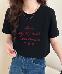 【立体フロッキー加工×英字ロゴプリント】半袖ラウンドネックTシャツ レディース