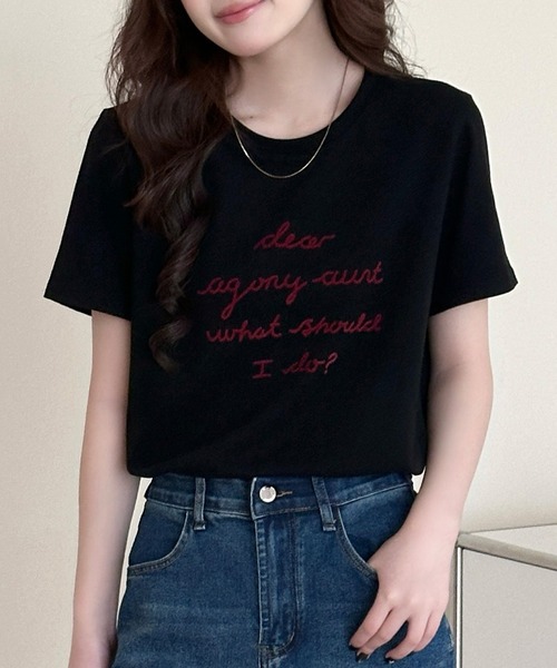 DAY CLOSET(デイ クローゼット)の「【立体フロッキー加工×英字ロゴプリント】半袖ラウンドネックTシャツ レディース(Tシャツ/カットソー・レディース・ブラック/ホワイト・FREE)」の22枚目の写真