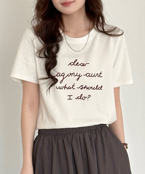DAY CLOSET(デイ クローゼット)の「【立体フロッキー加工×英字ロゴプリント】半袖ラウンドネックTシャツ レディース(Tシャツ/カットソー・レディース・ブラック/ホワイト・FREE)」の14枚目の写真