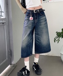 ヴィンテージウォッシュ ワイドデニム ハーフパンツ / バギーデニム 膝下丈