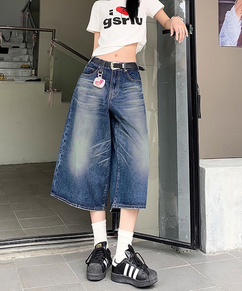 WESTSEA(ウエストシー)の「ヴィンテージウォッシュ ワイドデニム ハーフパンツ / バギーデニム 膝下丈(デニムパンツ・レディース・ブラック/ブルー・M/L)」の12枚目の写真