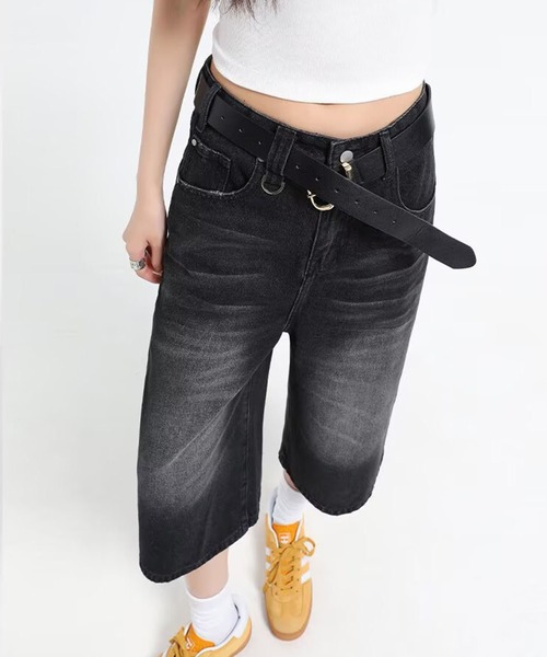 WESTSEA(ウエストシー)の「ヴィンテージウォッシュ ワイドデニム ハーフパンツ / バギーデニム 膝下丈(デニムパンツ・レディース・ブラック/ブルー・M/L)」の7枚目の写真