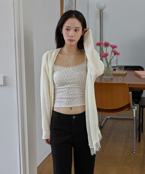 UNE MANSION(ユヌマンション)の「【冷房対策・羽織り】Vネックシースルーレースサマーニット(カーディガン/ボレロ・レディース・ネイビー/アイボリー・FREE)」の4枚目の写真