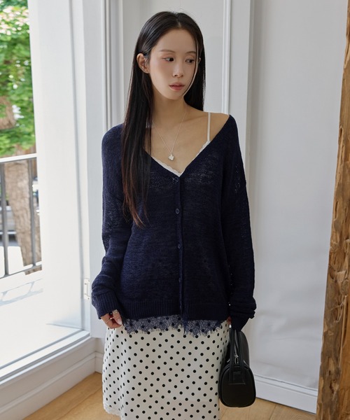 UNE MANSION(ユヌマンション)の「【冷房対策・羽織り】Vネックシースルーレースサマーニット(カーディガン/ボレロ・レディース・ネイビー/アイボリー・FREE)」の7枚目の写真
