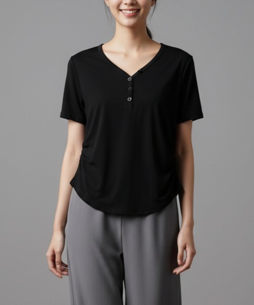 N.s（エヌドットエス）の「アシメヘンリー ギャザートップス（Tシャツ/カットソー・レディース・ホワイト/チャコールグレー/ブラック・FREE）」の3枚目の写真