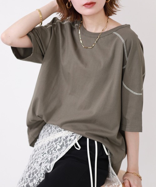 Arinomama(アリノママ)の「Arinomama 20sオーガニック天竺 ステッチフローTシャツ 半袖(Tシャツ/カットソー・レディース・ブラック/ライトブラウン/カーキ・FREE)」の3枚目の写真