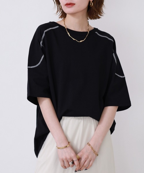 Arinomama(アリノママ)の「Arinomama 20sオーガニック天竺 ステッチフローTシャツ 半袖(Tシャツ/カットソー・レディース・ブラック/ライトブラウン/カーキ・FREE)」の1枚目の写真