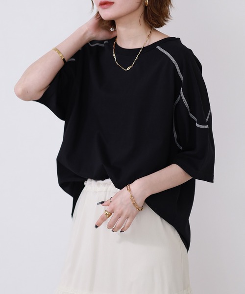 Arinomama(アリノママ)の「Arinomama 20sオーガニック天竺 ステッチフローTシャツ 半袖(Tシャツ/カットソー・レディース・ブラック/ライトブラウン/カーキ・FREE)」の4枚目の写真