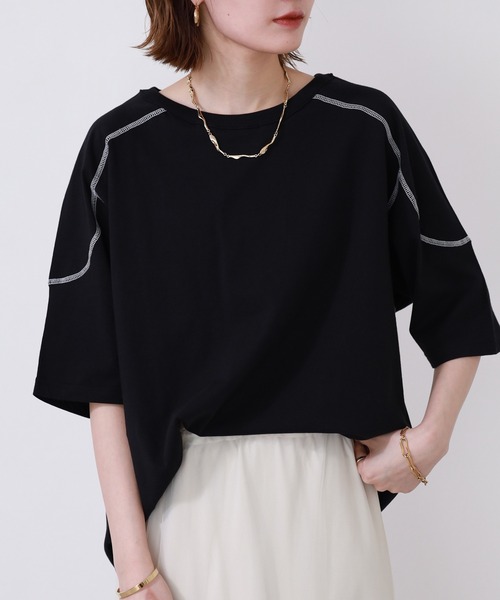 Arinomama(アリノママ)の「Arinomama 20sオーガニック天竺 ステッチフローTシャツ 半袖(Tシャツ/カットソー・レディース・ブラック/ライトブラウン/カーキ・FREE)」の5枚目の写真