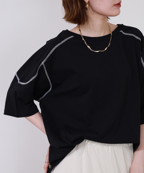 Arinomama(アリノママ)の「Arinomama 20sオーガニック天竺 ステッチフローTシャツ 半袖(Tシャツ/カットソー・レディース・ブラック/ライトブラウン/カーキ・FREE)」の6枚目の写真