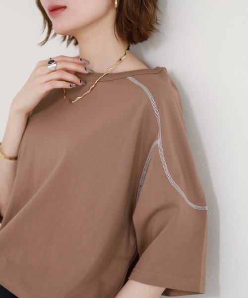 Arinomama(アリノママ)の「Arinomama 20sオーガニック天竺 ステッチフローTシャツ 半袖(Tシャツ/カットソー・レディース・ブラック/ライトブラウン/カーキ・FREE)」の11枚目の写真