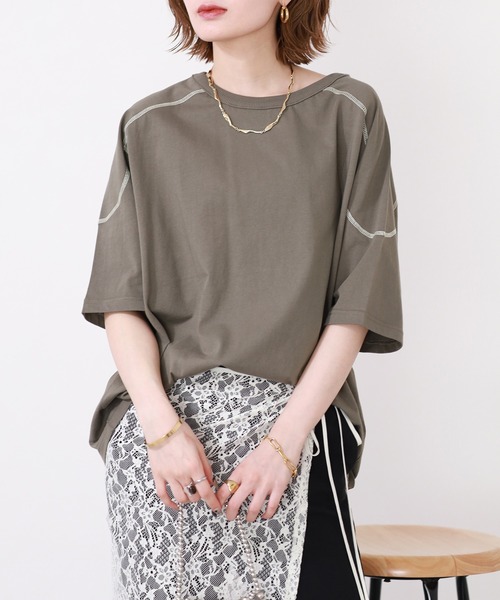 Arinomama(アリノママ)の「Arinomama 20sオーガニック天竺 ステッチフローTシャツ 半袖(Tシャツ/カットソー・レディース・ブラック/ライトブラウン/カーキ・FREE)」の19枚目の写真