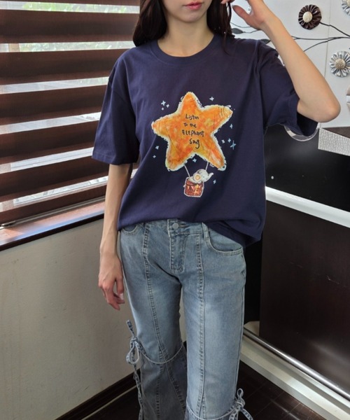 ｔｏｌｅｎｅ（トレネ）の「水彩タッチ スターバルーン×エレファント グラフィックTシャツ（Tシャツ/カットソー・レディース・ネイビー/ホワイト・FREE）」の9枚目の写真