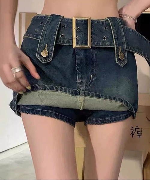 MAISON DE THERESE（メゾン ド テレーズ）の「キュロットワイドベルト付きデニムミニスカート  A ライン（デニムスカート・レディース・ブルー/Black・M/S/XS/L）」の12枚目の写真