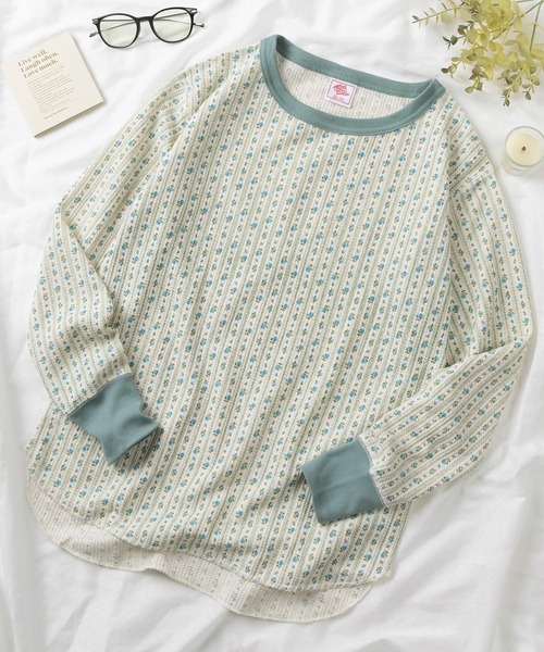 JEMORGAN（ジェーイーモーガン）の「【87】【JEMORGAN/ジェーイーモーガン】花柄 ワッフル クレリック クルーネック ロングスリーブ Tシャツ/レディース/ワンマイルウェア/リラックスウェア（Tシャツ/カットソー・レディース・ピンク/ラベンダー/グリーン/ライム・FREE）」の3枚目の写真