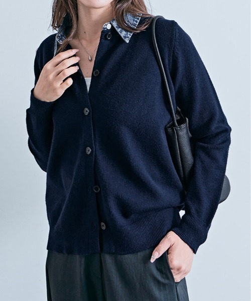 kirakiraShop（キラキラショップ）の「デニム ドッキング ニット カーディガン（カーディガン/ボレロ・レディース・ネイビー/ブラック/レッド/オフホワイト/杢グレー・FREE）」の4枚目の写真
