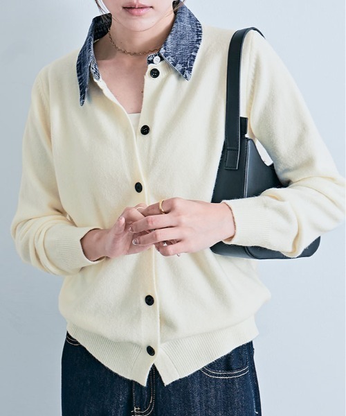 kirakiraShop（キラキラショップ）の「デニム ドッキング ニット カーディガン（カーディガン/ボレロ・レディース・ネイビー/ブラック/レッド/オフホワイト/杢グレー・FREE）」の2枚目の写真