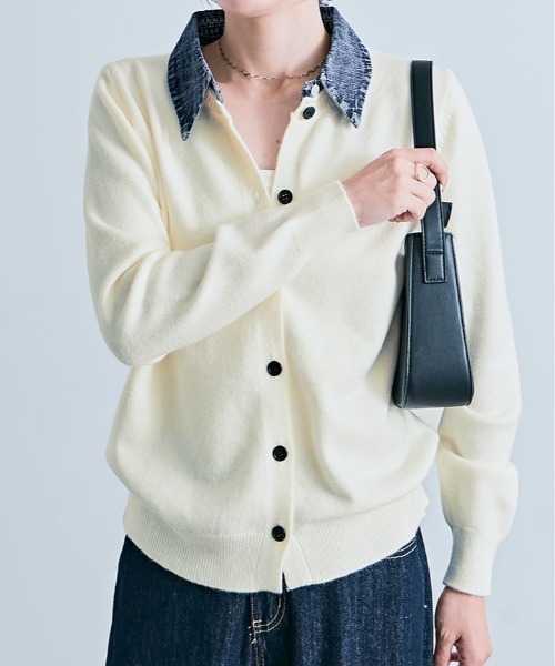 kirakiraShop（キラキラショップ）の「デニム ドッキング ニット カーディガン（カーディガン/ボレロ・レディース・ネイビー/ブラック/レッド/オフホワイト/杢グレー・FREE）」の9枚目の写真