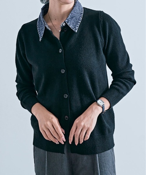 kirakiraShop（キラキラショップ）の「デニム ドッキング ニット カーディガン（カーディガン/ボレロ・レディース・ネイビー/ブラック/レッド/オフホワイト/杢グレー・FREE）」の11枚目の写真