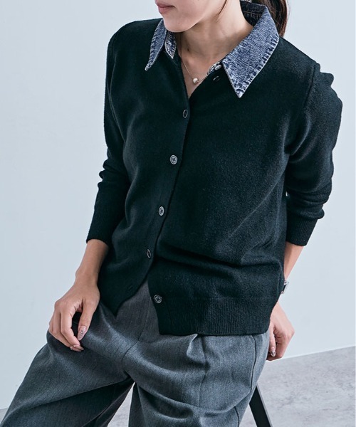 kirakiraShop（キラキラショップ）の「デニム ドッキング ニット カーディガン（カーディガン/ボレロ・レディース・ネイビー/ブラック/レッド/オフホワイト/杢グレー・FREE）」の13枚目の写真