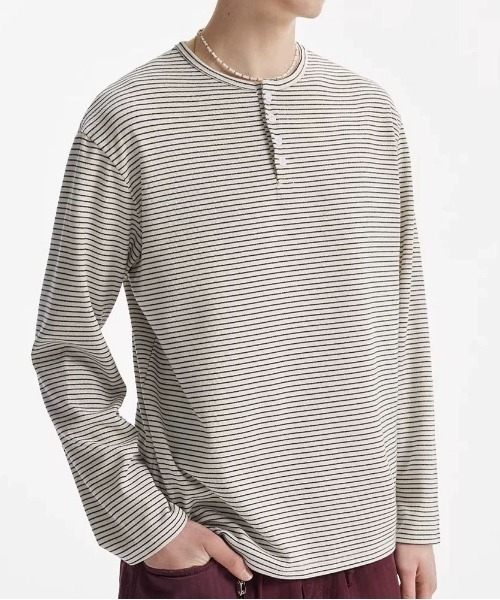 DOUBLE STEAL（ダブルスティール）の「DSヘンリーネックボーダー長袖Tシャツ（Tシャツ/カットソー・メンズ・グレー/オフホワイト・MEDIUM/LARGE/X-LARGE）」の3枚目の写真