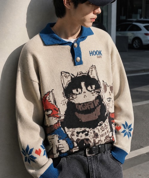 HOOK(フック)の「HOOK -original- 猫カフェポロ襟ニットプルオーバー(ニット/セーター・メンズ・ベージュ・XL/M/L)」の1枚目の写真