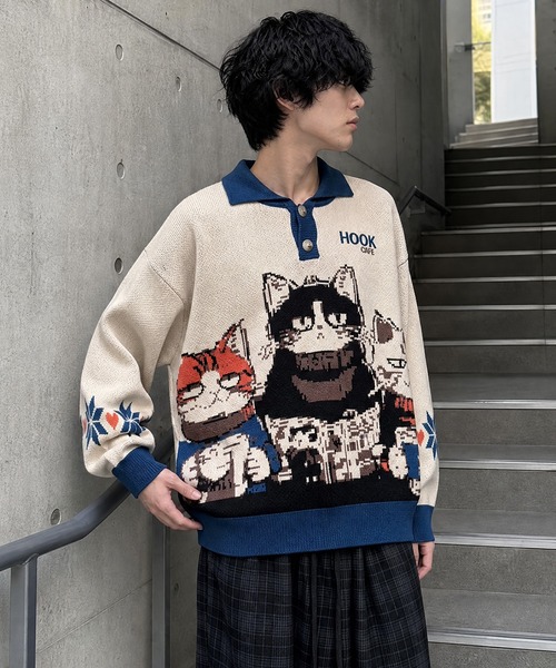 HOOK(フック)の「HOOK -original- 猫カフェポロ襟ニットプルオーバー(ニット/セーター・メンズ・ベージュ・XL/M/L)」の17枚目の写真