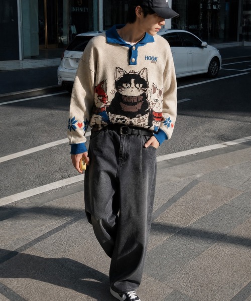 HOOK(フック)の「HOOK -original- 猫カフェポロ襟ニットプルオーバー(ニット/セーター・メンズ・ベージュ・XL/M/L)」の12枚目の写真